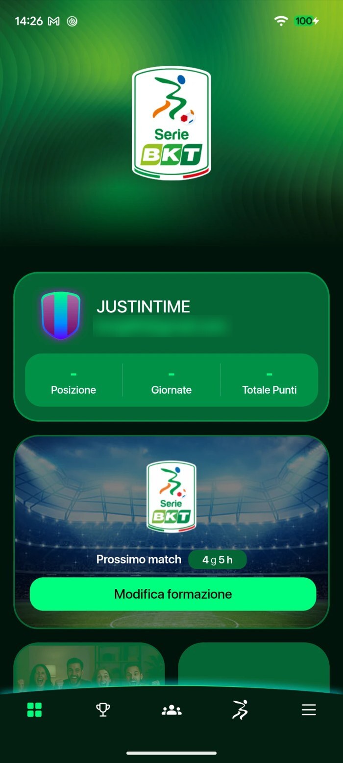 Schermata home dell'app Fantacalcio Serie BKT
