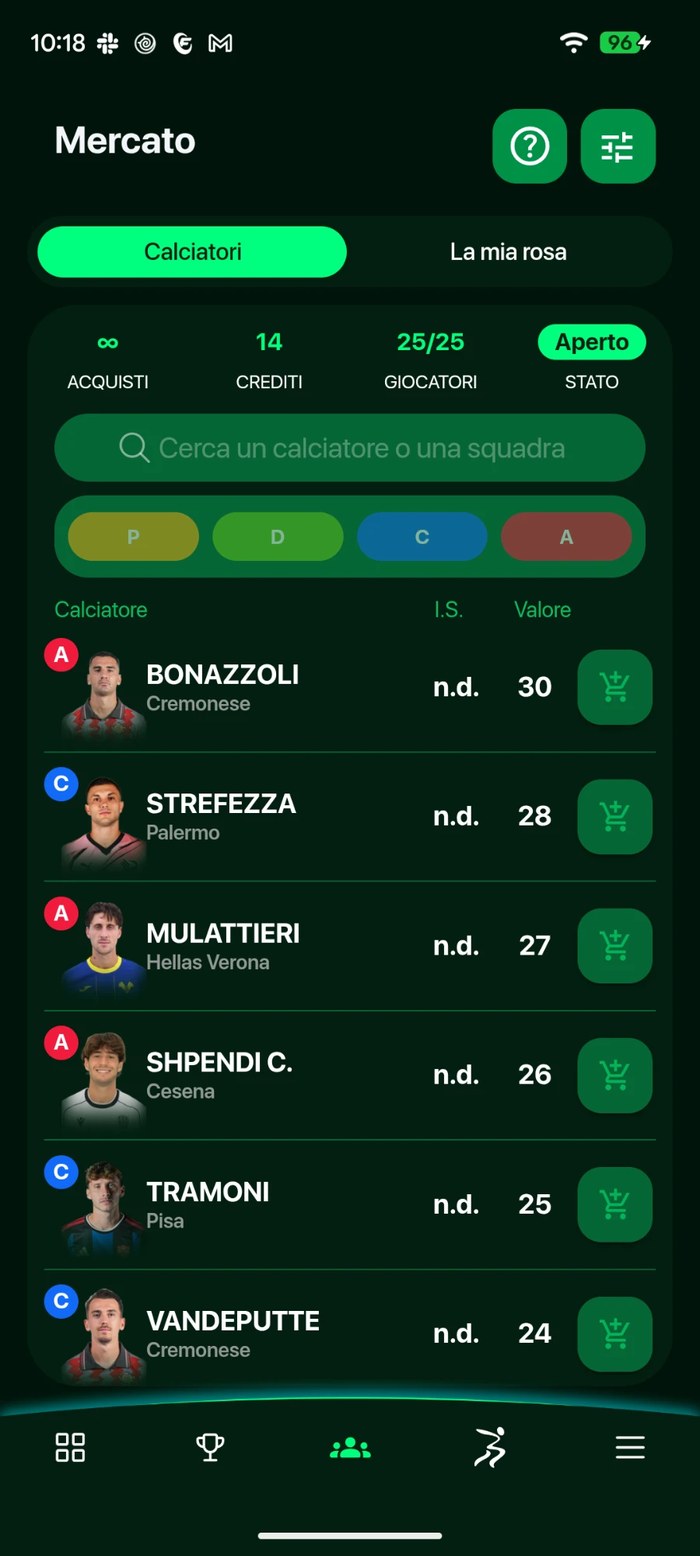 Schermata mercato dell'app Fantacalcio Serie BKT
